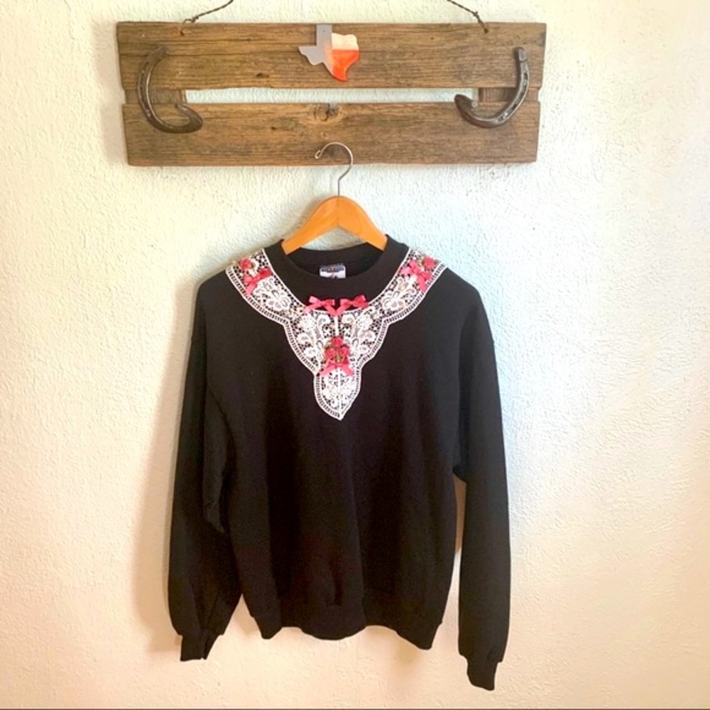 Granny Chic Vintage black grandma sweater with lace and bows